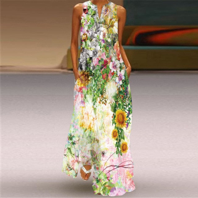 Women Sundress Summer Fashion Sleeveless Long Dress with Pocket Dresses