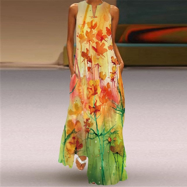 Women Sundress Summer Fashion Sleeveless Long Dress with Pocket Dresses