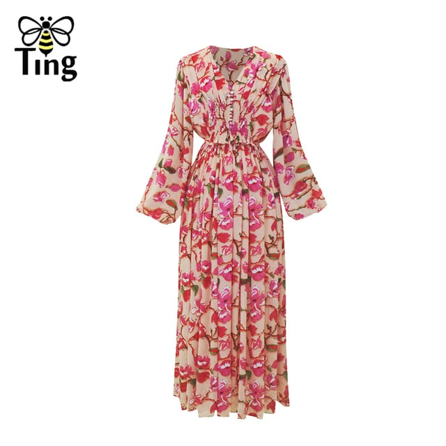 Vintage Elegant Women Floral Print Bohemian Long Dress Elastic High Waist Chiffon Casual Boho New Dress