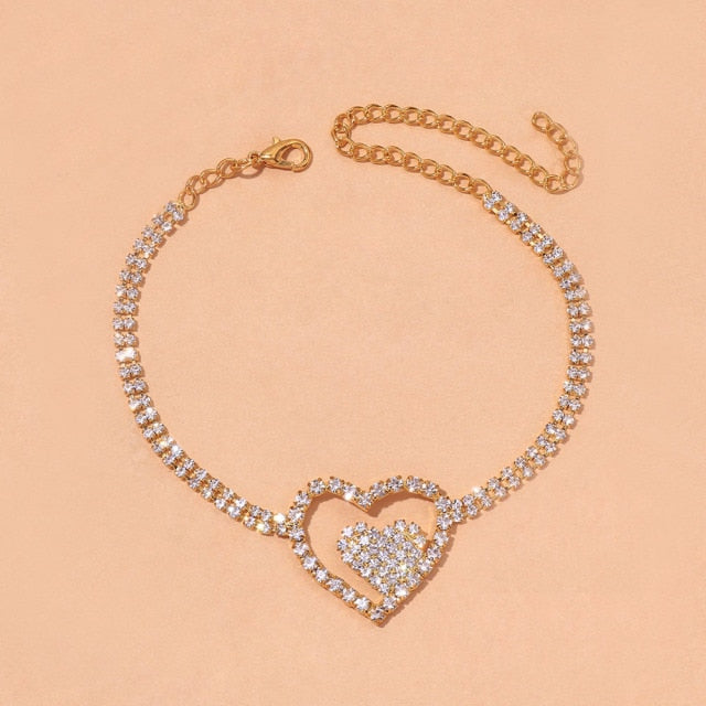 Silver Color Rhinestone Double Heart Anklet Bling Hollow Out Love Ankle Bracelet