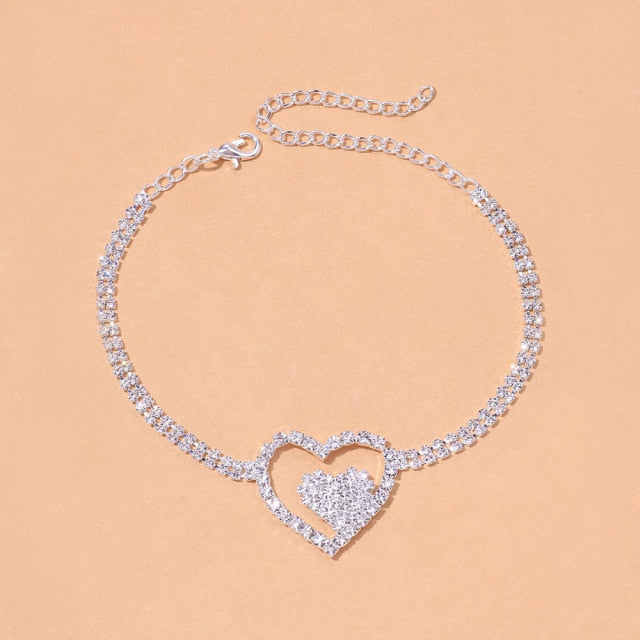 Silver Color Rhinestone Double Heart Anklet Bling Hollow Out Love Ankle Bracelet