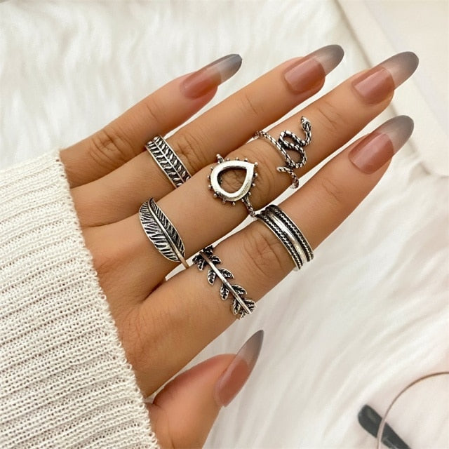 Vintage Midi Finger Rings Set Punk Snake Flower Hollow Out Sliver Knuckle Rings Jewelry