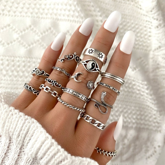 Vintage Midi Finger Rings Set Punk Snake Flower Hollow Out Sliver Knuckle Rings Jewelry