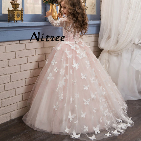 Butterfly Flower Girl Long Sleeves Pearls Ball Gown Kids Prom Gowns Fi –  Make Me Elegant